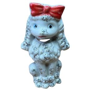 Vintage Japan Ceramic Poodle Figurine Red Bow Flocked Accents gold collar